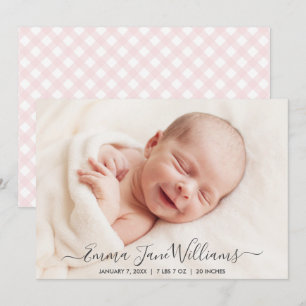 Pale Pink Gingham Birth Announcement Photo Card