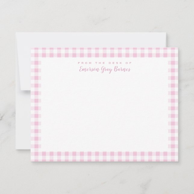 Pale Pink Gingham Check Personal Stationery Card (Front)