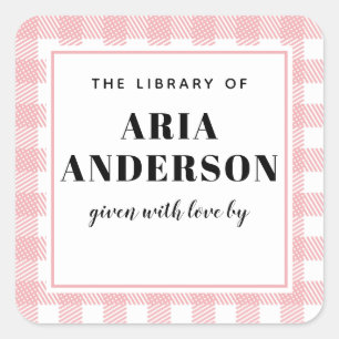 Pale Pink Gingham Plaid Baby Boy Book Plate Square Sticker