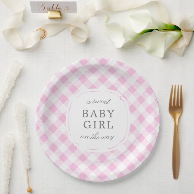 Pale Pink Gingham Plaid Sweet Baby Girl Paper Plate (Wedding)