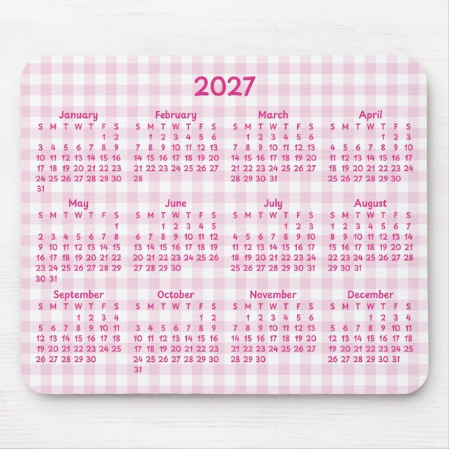 Pale Pink Gingham Whimsical 2027 Calendar Mouse Mat (Front)