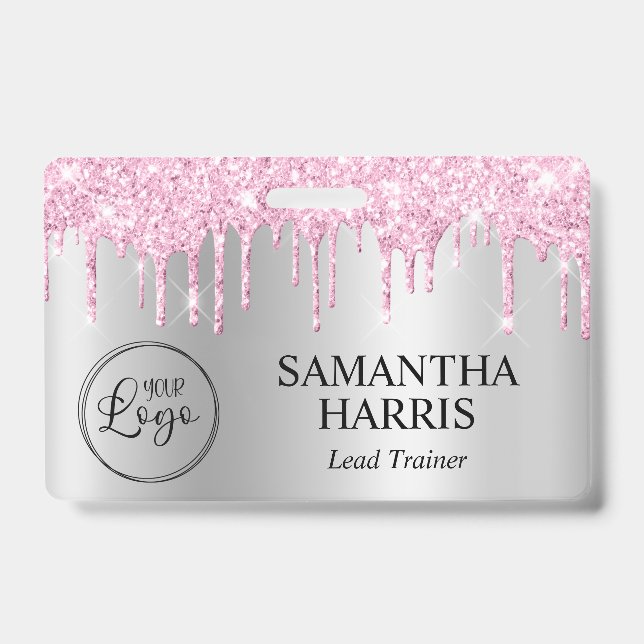 Pale Pink Glitter Drips Silver Shimmer ID Badge (Front)