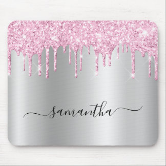 Pale Pink Glitter Drips Silver Shimmer Mouse Mat