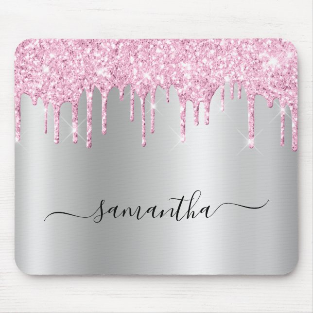 Pale Pink Glitter Drips Silver Shimmer Mouse Mat (Front)