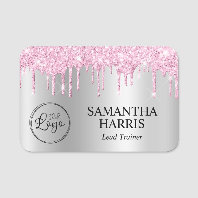 Pale Pink Glitter Drips Silver Shimmer Name Tag (Front)