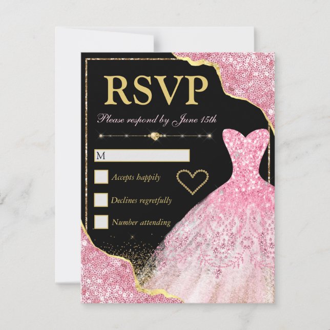 Pale Pink Glitter Glam Edges & Dress Sweet 16 RSVP Card (Front)