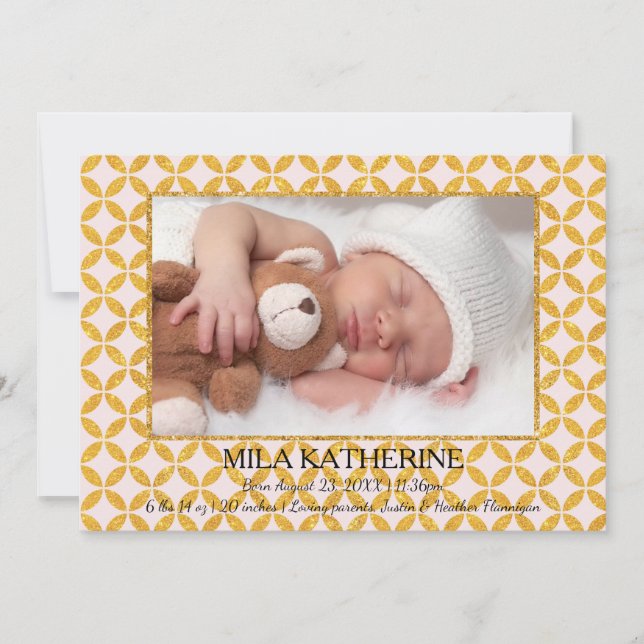 Pale Pink Gold Glitter Pattern -Birth Announcement (Front)