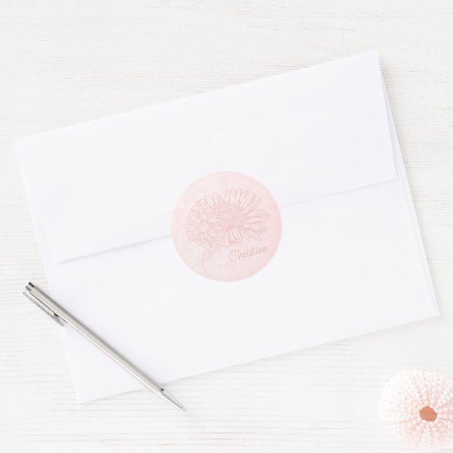 Pale Pink Grunge with Name and Chrysanthemums Classic Round Sticker (Envelope)