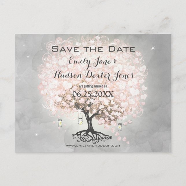 Pale Pink Heart Leaf Tree Wedding Announcement Postcard (Front)