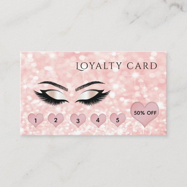 Pale pink hearts sparkle glittery  makeup lashes loyalty card (Front)