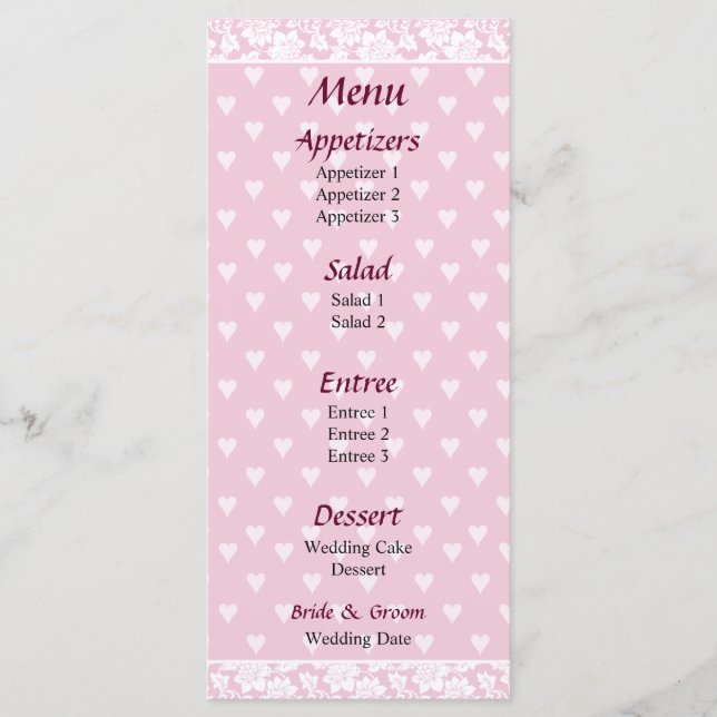 Pale Pink Hearts  Wedding Menu (Front)