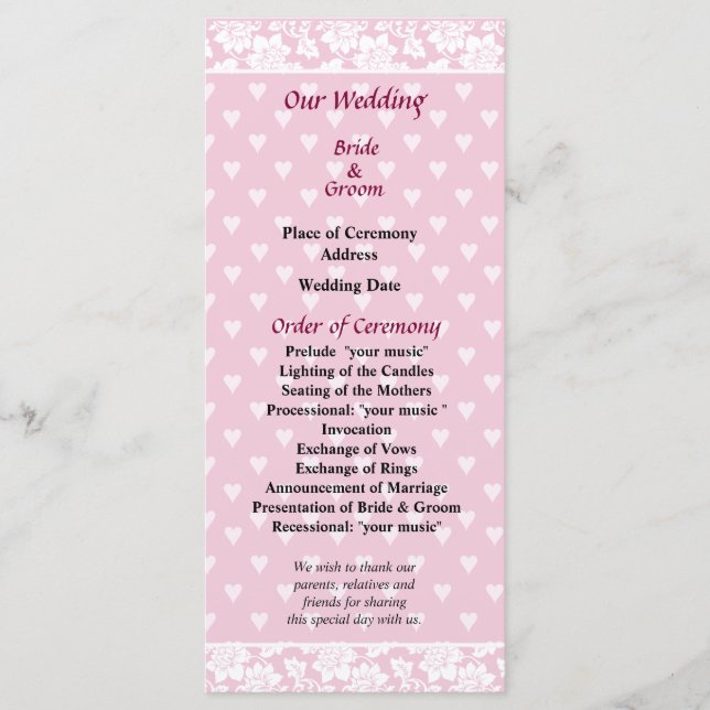 Pale Pink Hearts Wedding Program Programme (Front)