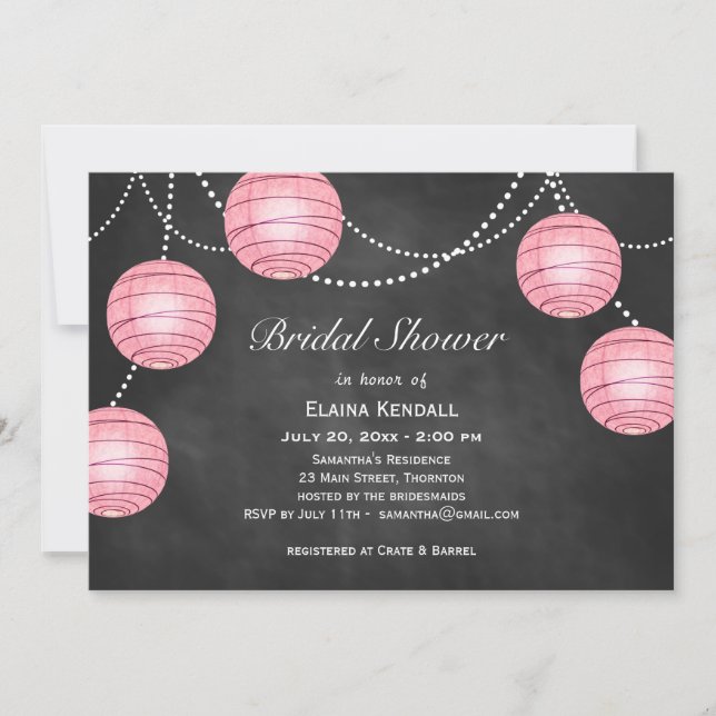 Pale Pink Lanterns on Chalk Bridal Shower Invite (Front)