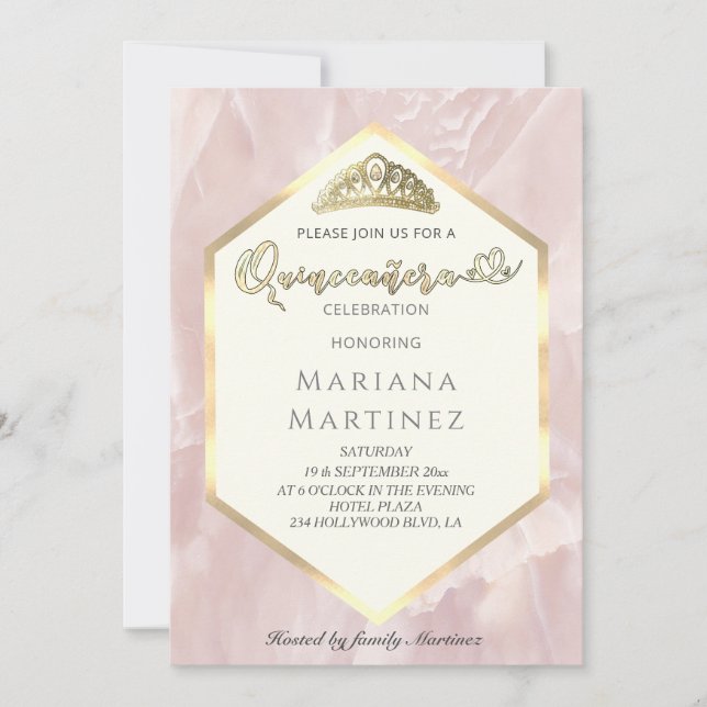 Pale pink marble geometrical calligraphy Quince Invitation (Front)