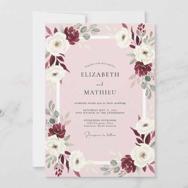 Pale Pink Maroon Rose Wedding Invitation (Front)