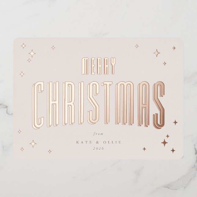 Pale Pink Merry Christmas Retro Stars Flat Foil Holiday Card (Front)