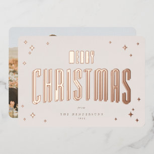 Pale Pink Merry Christmas Retro Stars Photo  Foil Holiday Card