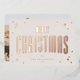 Pale Pink Merry Christmas Retro Stars Photo Foil Holiday Card