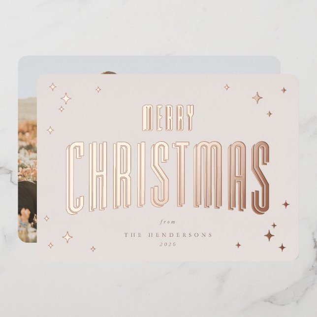 Pale Pink Merry Christmas Retro Stars Photo  Foil Holiday Card (Front/Back)