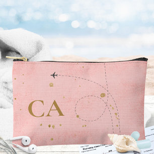 Pale Pink Minimal Gold Monogram Aeroplane Travel Accessory Pouch