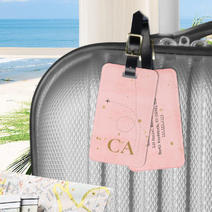 Pale Pink Minimalist Golden Monogram Aeroplane Luggage Tag