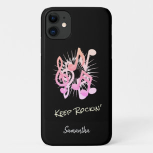 Pale Pink Musical Notes Keep Rockin' Black iPhone 11 Case