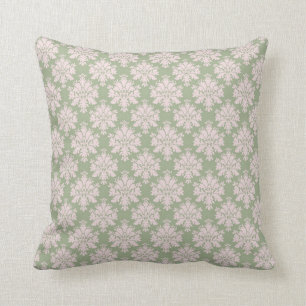 pale pink on sage green ornate damask pattern cushion