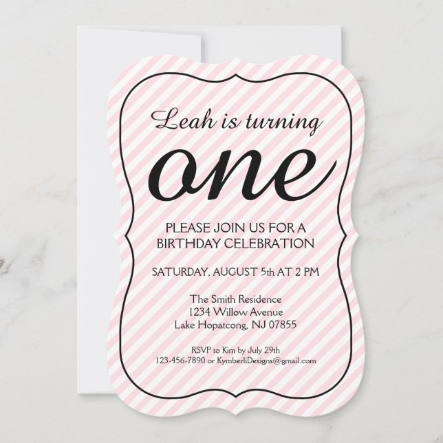 Pale Pink ONE Striped Bracket Birthday Invitation (Front)