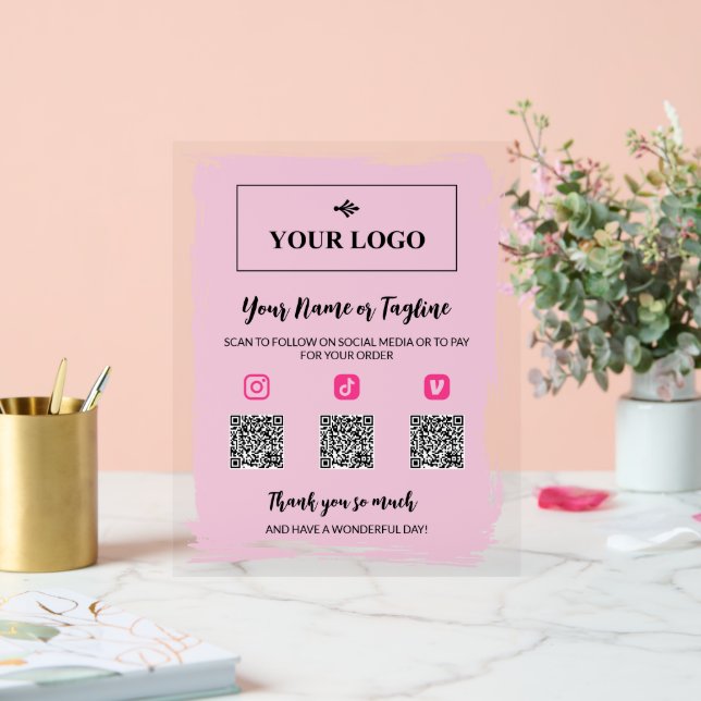 Pale Pink Paint Your Logo Social Media Payment Acrylic Sign (Wedding)