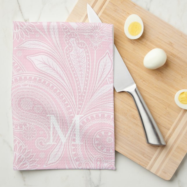 Pale Pink Paisley Monogrammed Tea Towel (Quarter Fold)