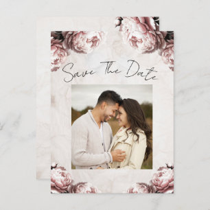 Pale Pink Peony Flowers Vintage Save the Date Announcement Postcard