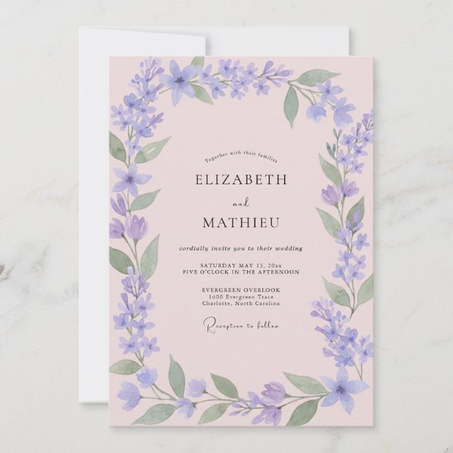 Pale Pink Periwinkle Wildflower Wedding Invitation (Front)