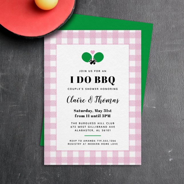 Pale Pink Plaid I Do BBQ Ping Pong Invitation (preppy pink, green and white gingham plaid country club I Do BBQ invitation)