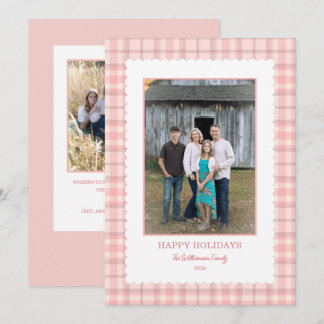 Pale Pink Plaid Scallop Frame Photo Christmas Holiday Card