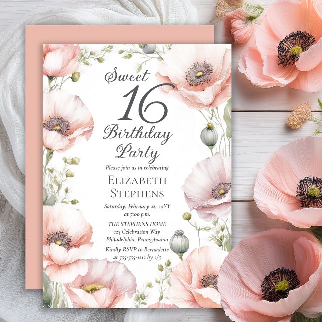 Pale Pink Poppies Floral Sweet 16 Birthday Party Invitation (Boho Elegant Pale Pink Poppies Floral Sweet 16 Birthday Party Invitation - Print | Digital Download)