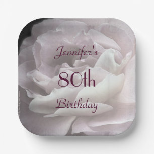 Pale Pink Rose, 80th Birthday Party, Name, Square Paper Plate