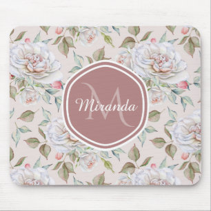 Pale Pink Rose Pattern With Monogram and Name Mouse Mat