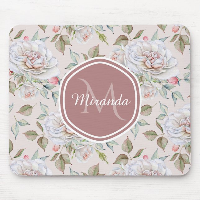 Pale Pink Rose Pattern With Monogram and Name Mouse Mat (Front)