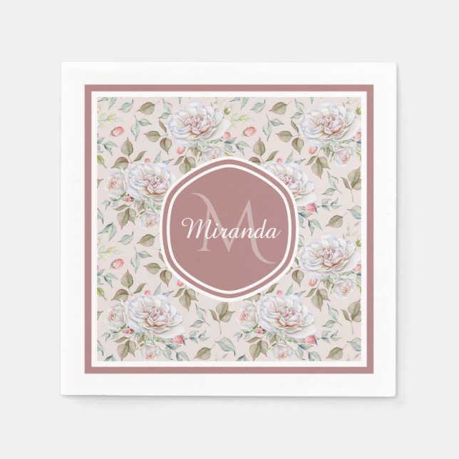 Pale Pink Rose Pattern With Monogram and Name Napkin (Front)