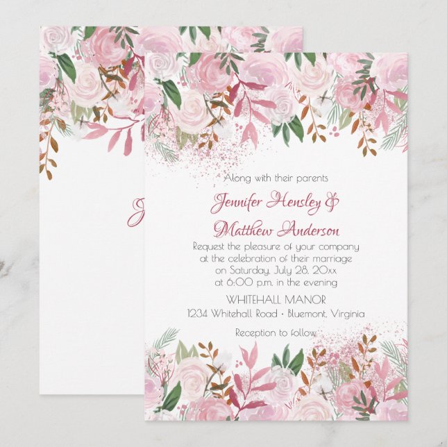 Pale Pink Roses and Greenery Spring Wedding Invitation (Front/Back)