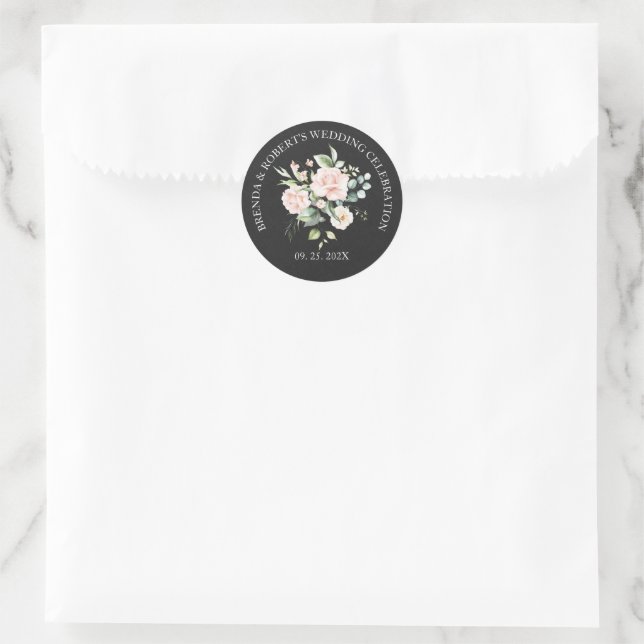 Pale Pink Roses Bouquet On Black Linen Classic Round Sticker (Bag)