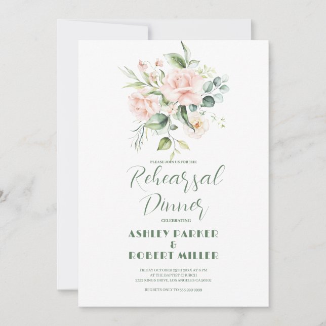 Pale Pink Roses Bouquet Rehearsal Dinner Invite (Front)