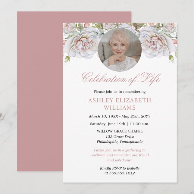 Pale Pink Roses Floral Celebration of Life Invitation (Front/Back)