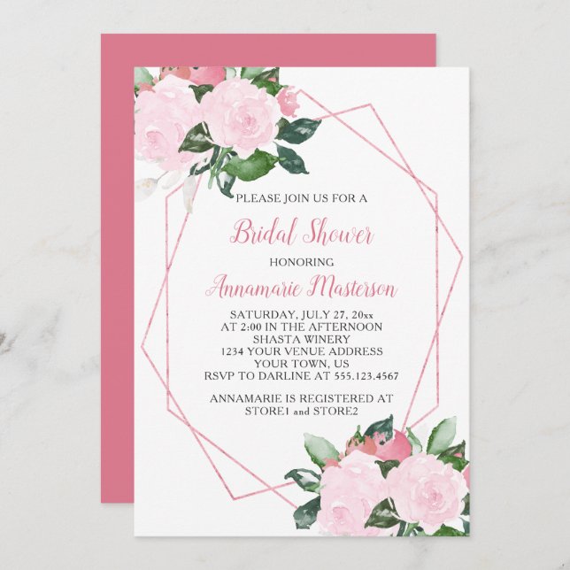 Pale Pink Roses Greenery Geometric Bridal Shower Invitation (Front/Back)