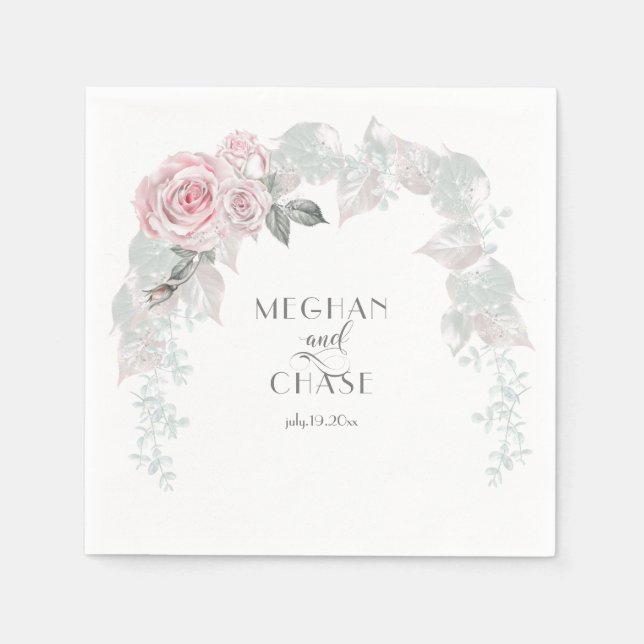 Pale Pink Roses Iridescent Foliage Wedding Napkin (Front)