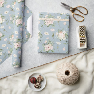 Pale Pink Roses On Blue  Wrapping Paper
