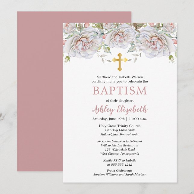 Pale Pink Roses Watercolor Floral Baptism Invitation (Front/Back)