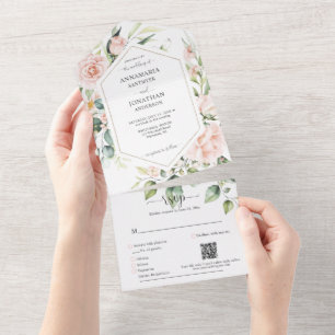 Pale Pink Roses Wedding  All In One Invitation