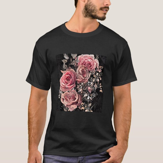 Pale Pink Roses with Delicate Vines Rustic Floral T-Shirt (Front)