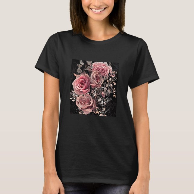 Pale Pink Roses with Delicate Vines Rustic Floral T-Shirt (Front)